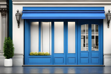 light blue boutique storefront facade mockup