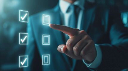 The manager approves company goals, company growth strategy approves, Checklist with checkmarks and checkboxes, hologram business