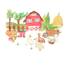 Watercolor illustration of farm. Farm clipart. Farm illustration. Design with gooses, farmhouses, field, plant, garden, vegetables, harvest, animals, trees, eggs © Katerina