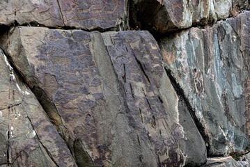 Rock paintings in the Kalbak Tash tract. Petroglyphs dating from 1000 to 5000 thousand years BC....