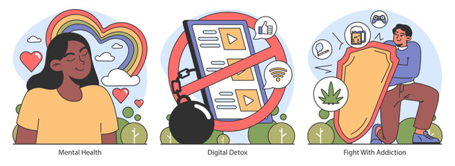 Dopamine fasting concept. Prioritizing mental health, committing to digital detox, and overcoming addictions. Encourages emotional balance and self-improvement. Flat vector illustration.