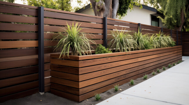 Nice wooden fence around house. Wooden fence with green lawn. Street photo, nobody, selective focus