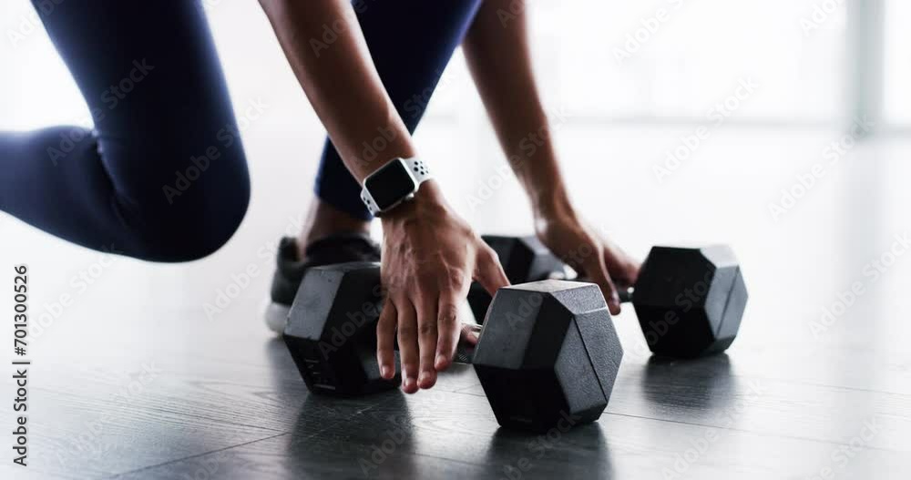 Poster Woman, hands and dumbbell closeup gym or workout cardio training, muscle fitness or shoes. Female person, legs or active weight bodybuilding exercise equipment or strong, athlete or power lifting