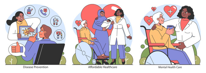 Healthcare set. Frontline workers combating a pandemic, informative health education sessions, and dedicated cancer treatment. Vital medical interventions illustrated. Flat vector illustration.