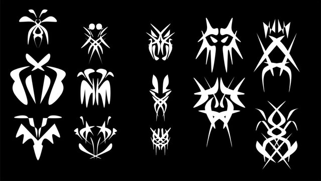 Collection of abstract gothic shapes with tribal motifs, hand drawn 