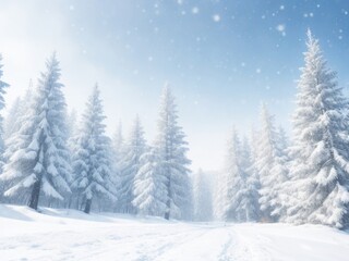A photo of a winter morning, a snowy forest.