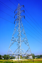 Steel electricity Pylon and High Voltage Power line Electricity transmission photo with blue sky...