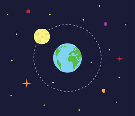 Moon Orbiting Earth and Stars Flat Style. Science and space exploration concept vector