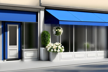 vintage boutique storefront template , white and bluecommercial facade layout - obrazy, fototapety, plakaty