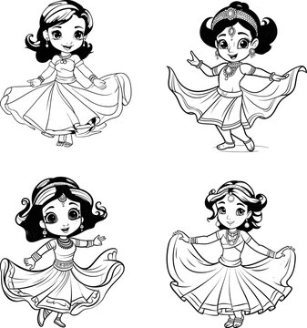 Beautiful dancing girl emoji vector image, black and white coloring page