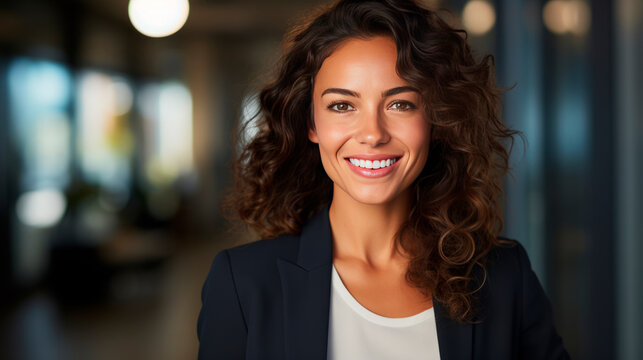 Young smiling professional woman in blue dark business suit, long hair stands confidently against background of modern office.Corporate branding. Selection of personnel and business profiles. Teamwork
