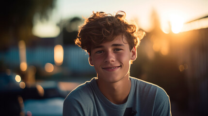 A young boy in a T-shirt with a trendy hairstyle and curly hair smiling in a relaxed posture against the sunset in a courtyard. Childhood and growing up. Family Blog. Student life