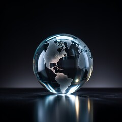 A  glase globe  with black  background, blur effect, space for text  - Generative AI