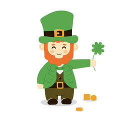 Cute cartoon leprechaun with clover and coins symbol of luck isolated. Vector bearded Irish, Saint Patrick