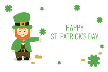 Banner Cute cartoon leprechaun with clover and coins symbol of luck . Vector bearded Irish, Saint Patrick