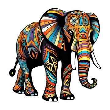 Elephant in bright colourful psychedelic pop art style on white background.