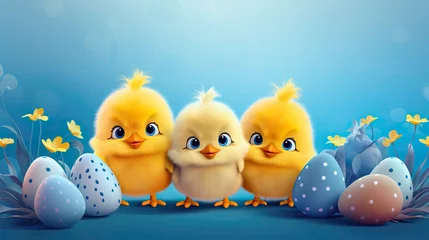 Fotobehang Three cute yellow chicks and colorful easter eggs on blue background, Easter card, banner. Space for text at the top © Elena