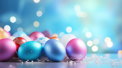 Multicolored Easter eggs on blue background, banner, Easter card, bokeh, space for text at the top