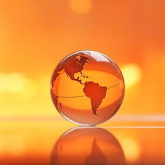 A  glase globe  with orange background, blur effect, space for text  - Generative AI