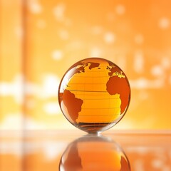 A  glase globe  with orange background, blur effect, space for text  - Generative AI