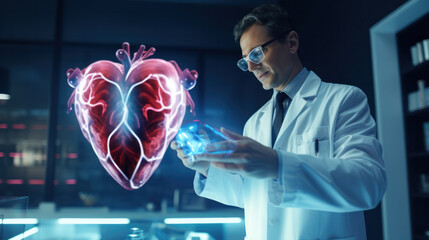 Cardiologist doctor examine patient heart functions and blood vessel on virtual interface. Medical technology and healthcare treatment to diagnose heart disorder and disease of cardiovascular system.