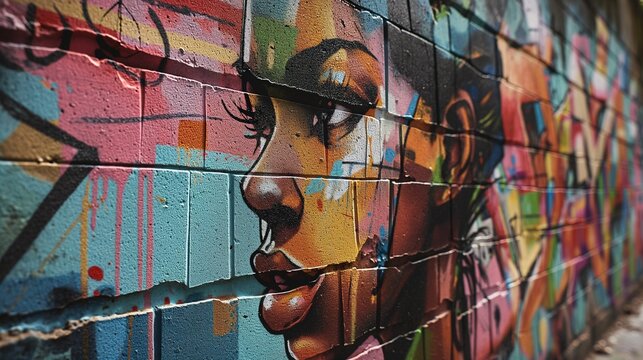 Fototapeta 3D urban street art wallpaper, woman's fase, graffiti walls background, vibrant urban culture