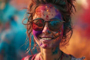 Joyful Girl at Holi Festival Covered in Colorful Powders Wearing Sunglasses