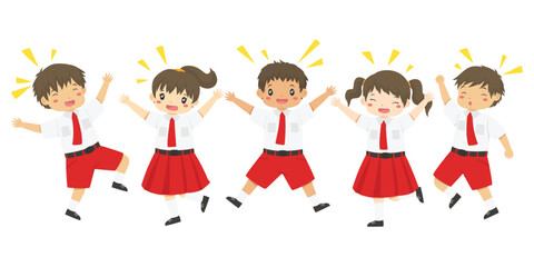 Obraz na płótnie Canvas Indonesia elementary school students character vector. Happy students in red and white uniform jumping happily.