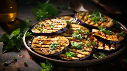 A platter of freshly grilled eggplants. Serving fancy Vegetarian food in a restaurant.