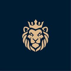 Lion logo. Bushy leo face with crown. Black and gold color sign. Royal cat icon. Vector illustration.