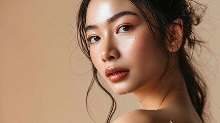 Radiant Beauty  Young Asian Woman with Fresh Skin, Perfect for Face Care and Spa Treatments, Portrait on Beige Background
