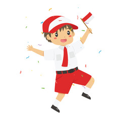Happy Indonesia student boy holding Indonesian flag vector character.  Boy in red and white elementary school uniform holding flag celebrating Indonesia Independence day.