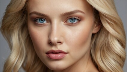 Fototapeta premium Attractive young blonde woman with piercing blue eyes and a neutral expression, her blonde wavy hair styled perfectly.