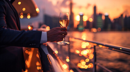 a person enjoying a glass of champagne on a private yacht at sunset