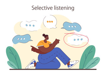 Active listening skill. Attentive business character or employee soft skills development. Conversation, negotiation, emotional intelligence and team work. Flat vector illustration