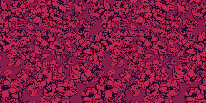 Monotone burgundy field blooming floral seamless pattern. Vector hand drawn.  Stylized creative textured flowers peonies, rose. Template for design, textile, fashion, surface design, fabric