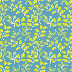 Simple abstract  green cute branches leaves intertwined in a seamless pattern on a blue background. Vector hand drawn sketch doodle leaf stems print. Template for design, fabric, fashion, wallpaper