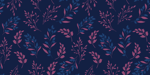  Seamless abstract creative gently floral leaf stems pattern. Vector hand drawn silhouettes shape tiny buds and branches leaves. Simple, retro, vintage black blue print.  Template for design, fashion