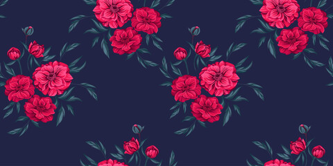 Seamless artistic pattern with bouquets graphic spring flower Globe, Trollius and  leaves. Blooming elegant red floral print ona dark background. Vector hand drawn. Template for design, fashion