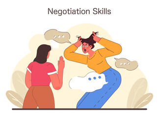Negotiation Skills concept. A dynamic exchange portrays the challenges of assertive communication. Gestures and expressions capturing the intensity of a negotiation. Flat vector illustration