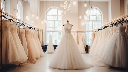 Gorgeous and sophisticated bridal dress elegantly displayed on hangers. Array of wedding dresses hanging in a boutique bridal shop salon. Blurred background in beige tones and sunlight.