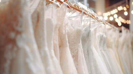Elegantly designed luxury bridal dress on hangers. A variety of wedding dresses hanging in a boutique bridal salon. Blurred background in beige tones and sunlight.