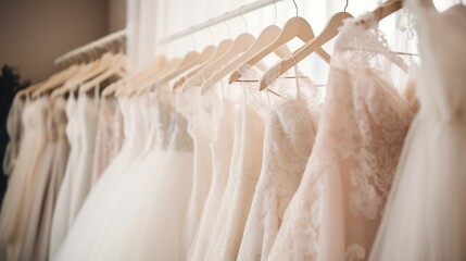 Beautiful elegant luxury bridal dress in beige tones on hangers. Assortment of wedding gowns hanging in a boutique bridal salon.