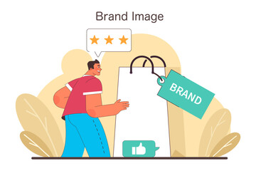 Brand image concept. A satisfied customer perceives the quality of a brand, symbolized by a shopping bag with a positive rating. Flat vector illustration