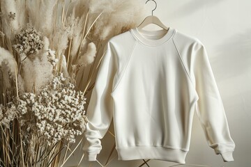 Design mockup white blank sweatshirt, neutral color flowers with pampas grass in the background