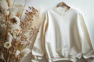 Design mockup white blank sweatshirt, neutral color flowers with pampas grass in the background - obrazy, fototapety, plakaty