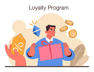 Loyalty program. Commercial program for client retention. PR campaign for customer loyalty. Marketing promotion. Flat vector illustration