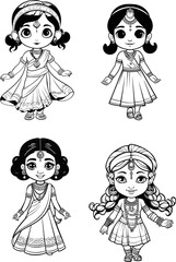 Beatiful Indian girl vector image, coloring page 