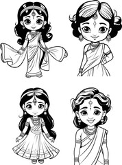 Beatiful Indian girl vector image, coloring page 