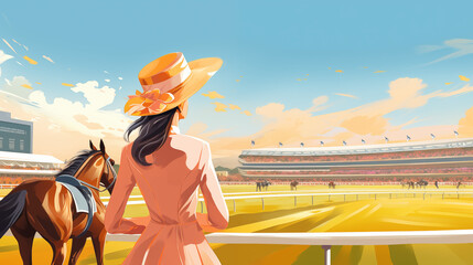 Woman In Beautiful Hat At Ascot Racecourse, Attending Horse Racing From Behind, Darby Racing, Generative Ai - obrazy, fototapety, plakaty